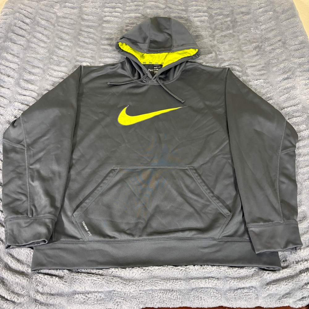 Nike Therma-FIT Hoodie Mens XL Dark Grey Volt Yellow Swoosh Pullover AT543